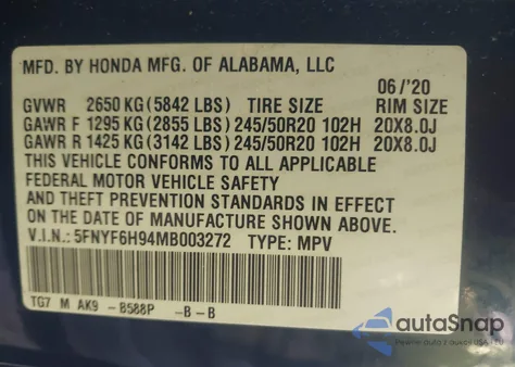 2021 Honda Pilot Awd Touring 8 Passenger z USA, uszkodzony, nr VIN 5FNYF6H94MB003272